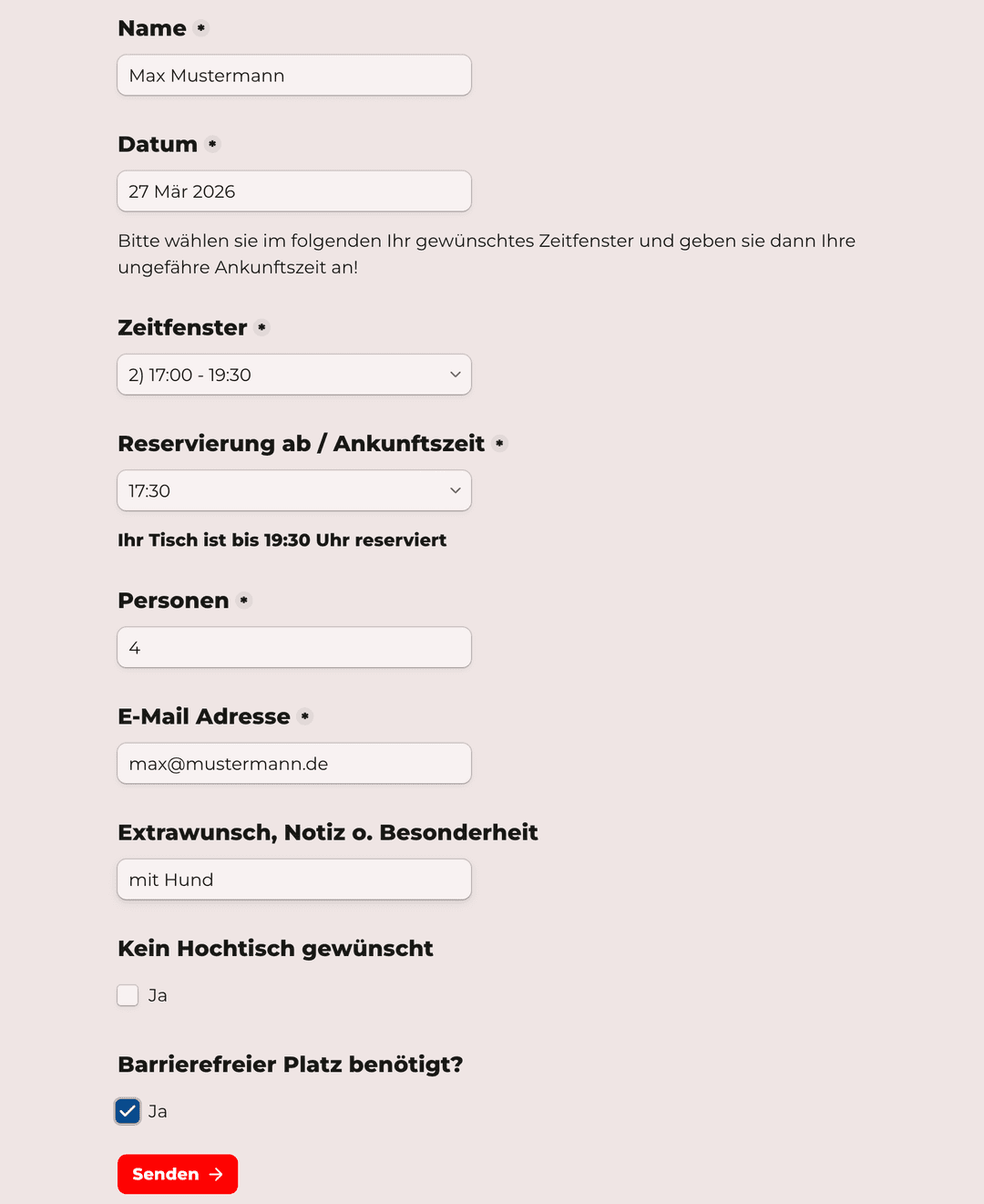 Optriq Reservierungsformular – Gästeansicht